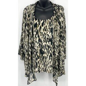 JM Collection Women Blouse Top 2 Fer Shawl Brown Black Plus Tunic 2X Animal New